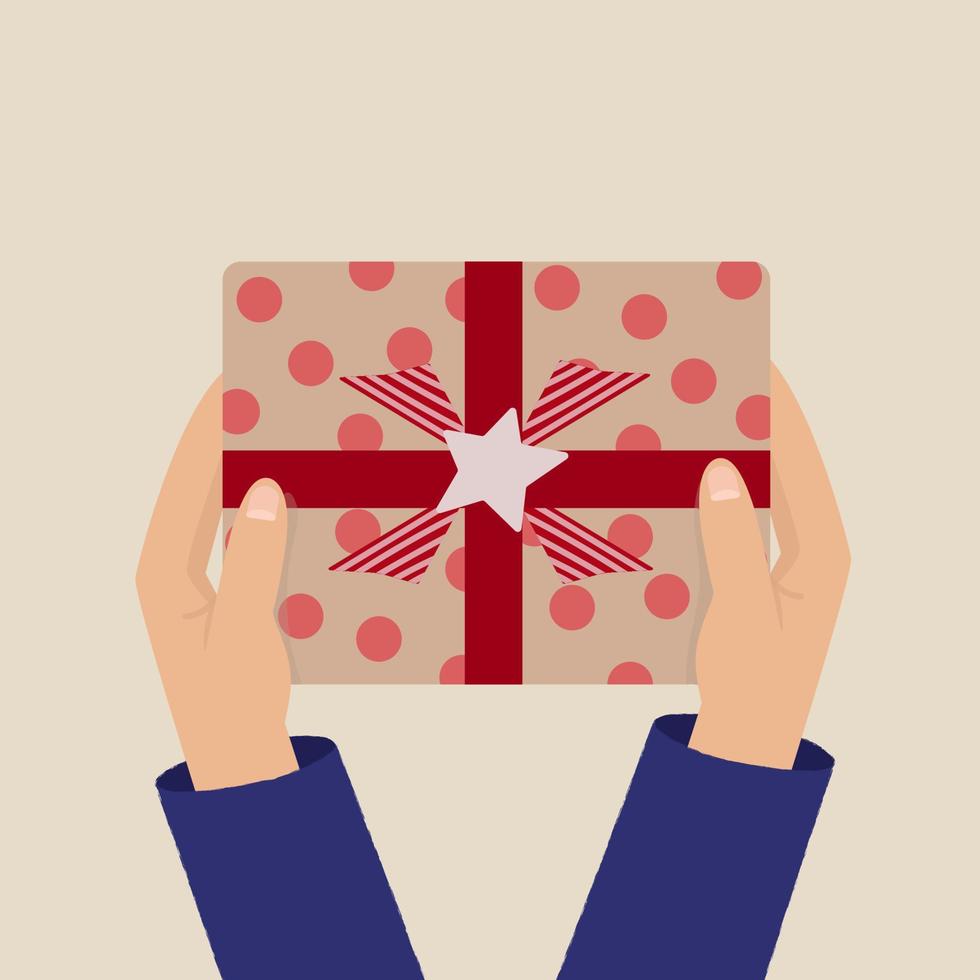 Christmas gift box on the table, top view.Female hands wrapping a gift in craft paper. vector