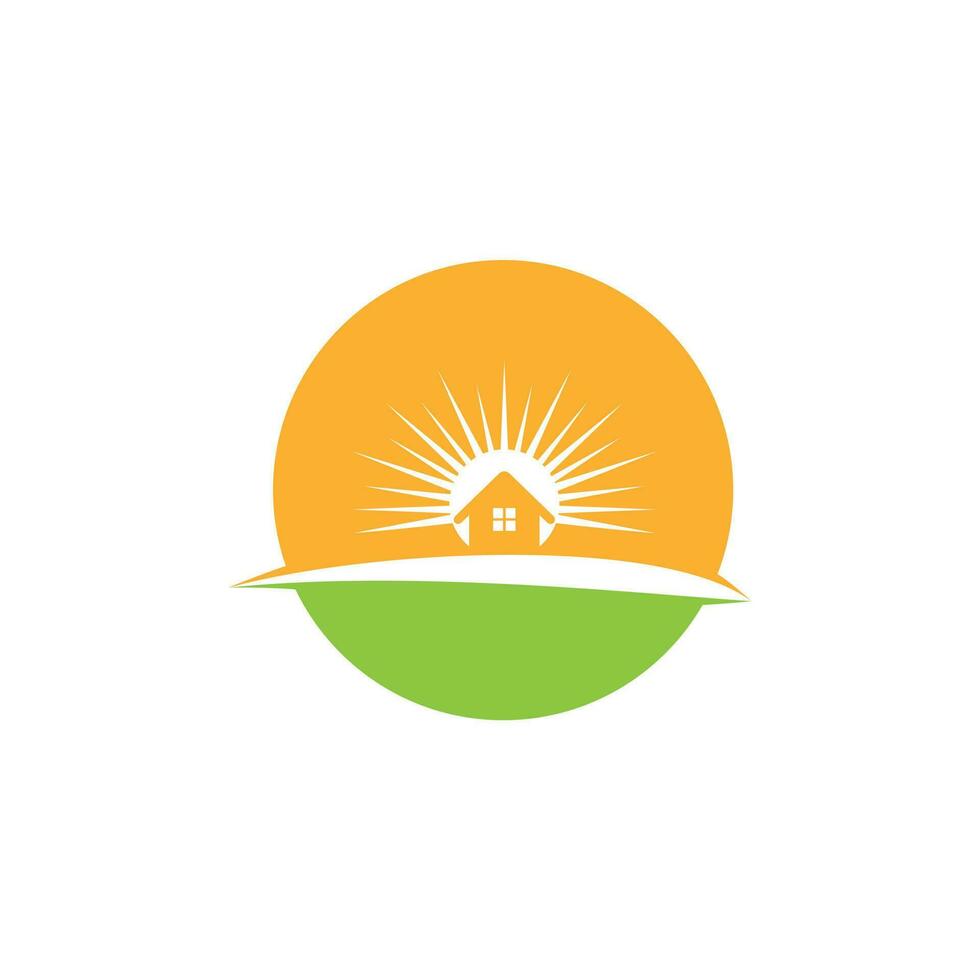 casa con diseño de logotipo de vector de sol. diseño del logotipo del paisaje natural.