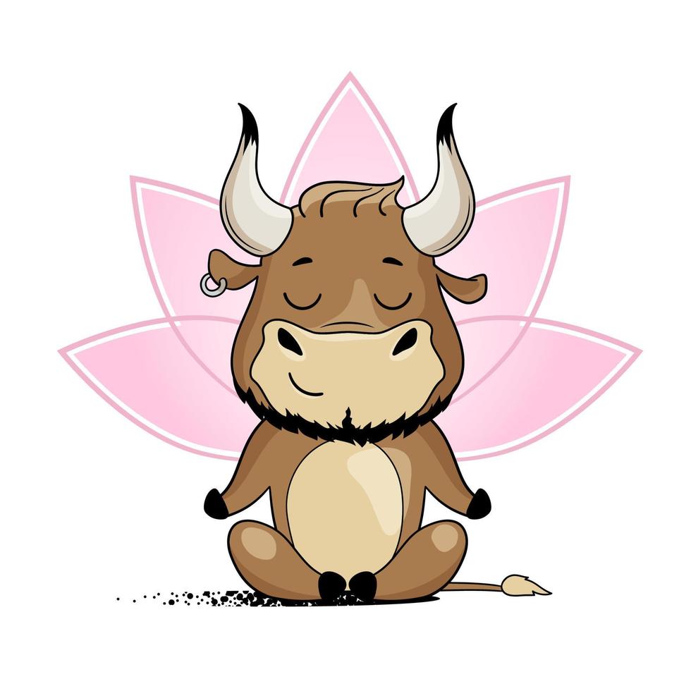 Cool bull doing yoga, sitting in lotus position. Symbol of 2021, year of the ox. Cartoon vector illustration