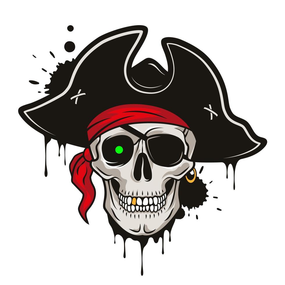 Pirate skull with a hat, red bandana, green glowing eyes. Vector hand drawn cartoon illustration isolated on white background