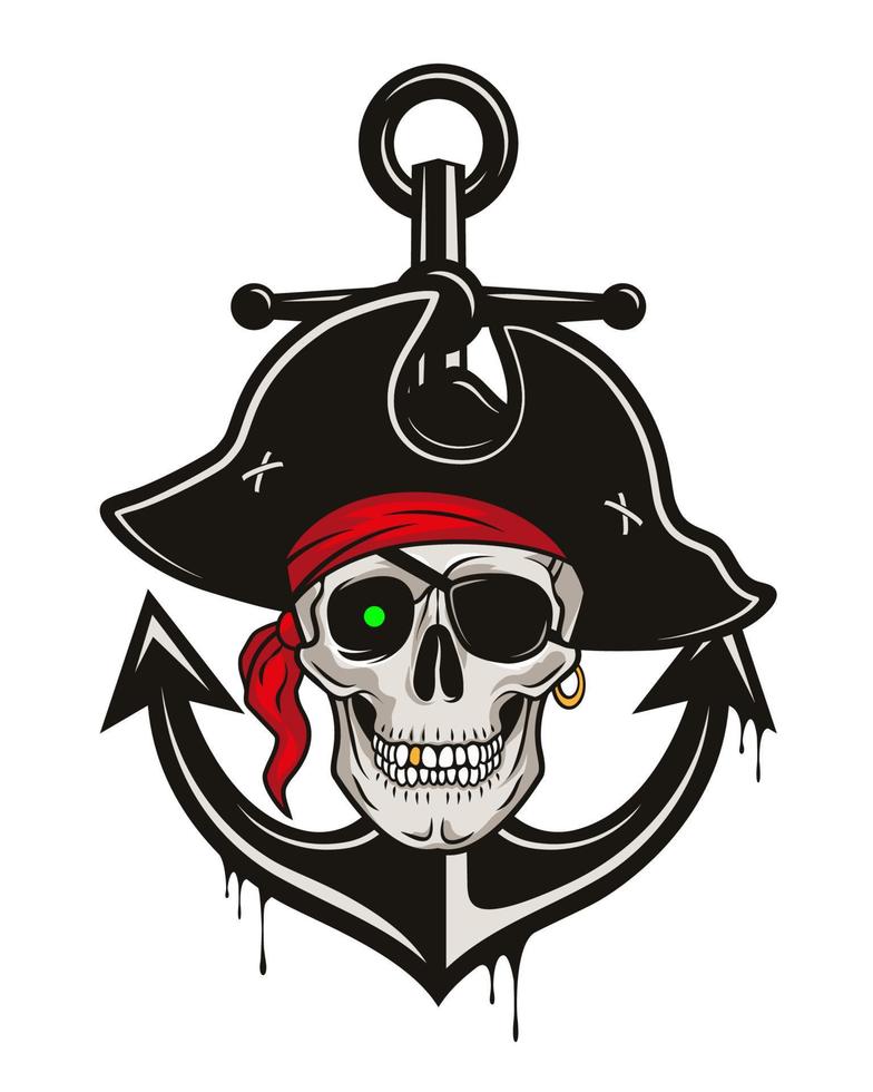 Pirate emblem with anchor and skull in a hat and eye patch. Vector hand drawn cartoon illustration isolated on white background