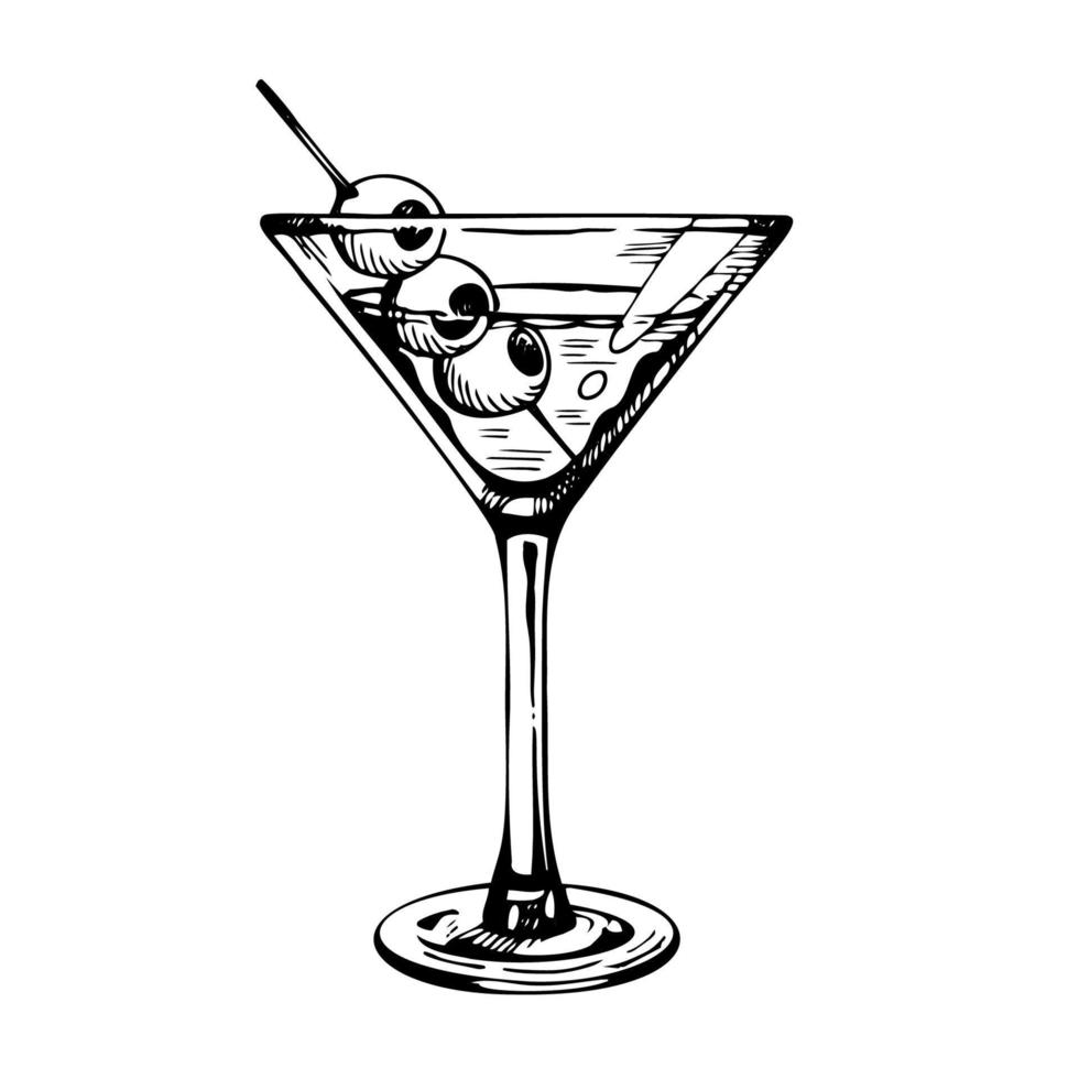 copa de martini con aceitunas. cóctel de alcohol dibujado a mano, boceto vectorial vector