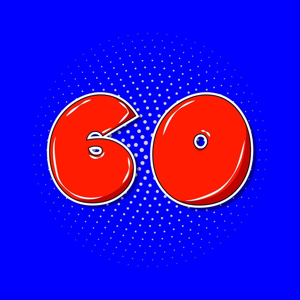 Pop art red number 60 over blue dotted background. vector