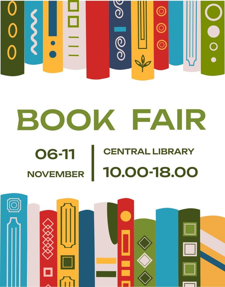 Book fair poster for advertising. Vertical poster for book fair with different books. Advertising template for bookstore,bookshop, library. vector