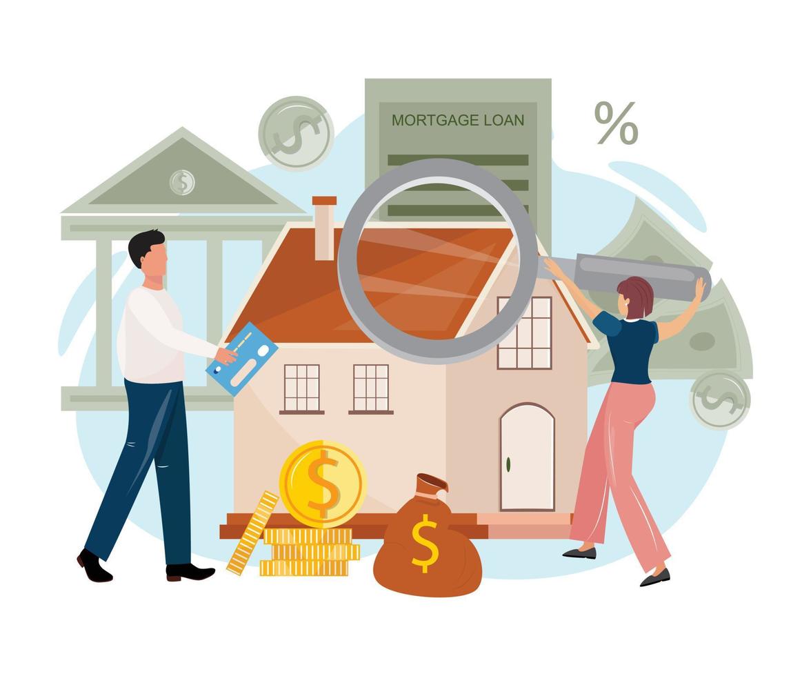 Modern illustration with a man having a credit card, woman searching for a house, coins, contract, bank, money. Real estate, savings, finance, banking, credit, mortgage loan concept illustration. vector