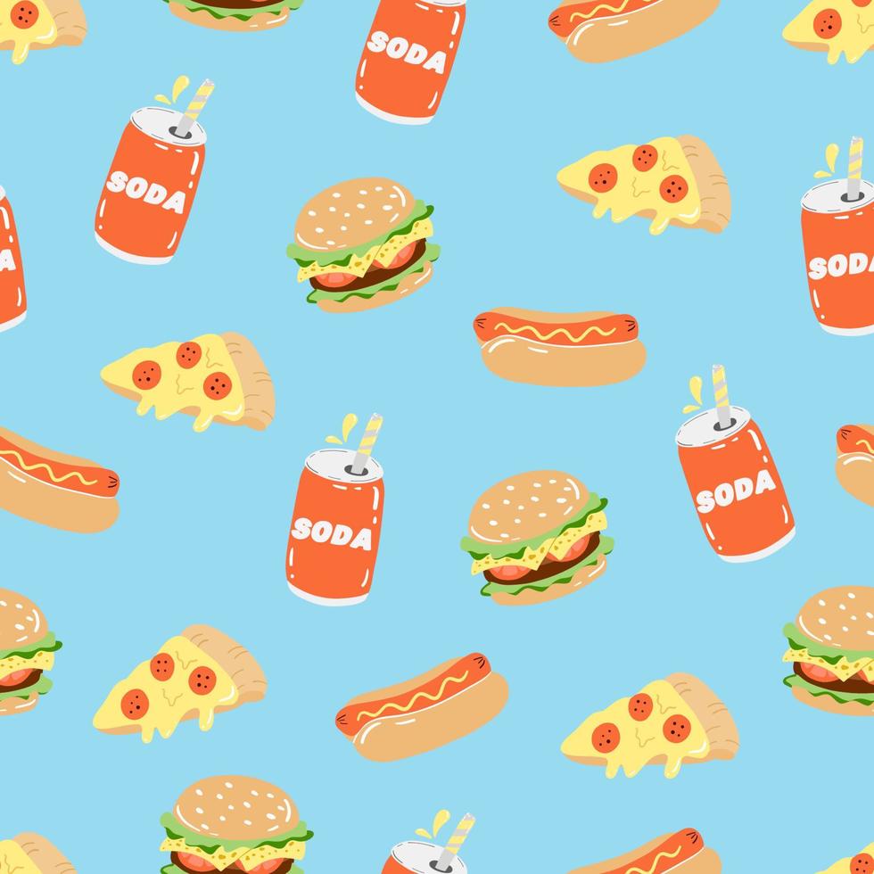 Seamless pattern with fast food elements on blue background. Pizza, burger, soda and hot dog. Perfect for menu or food package design. Cartoon cute hand drawn illustration vector