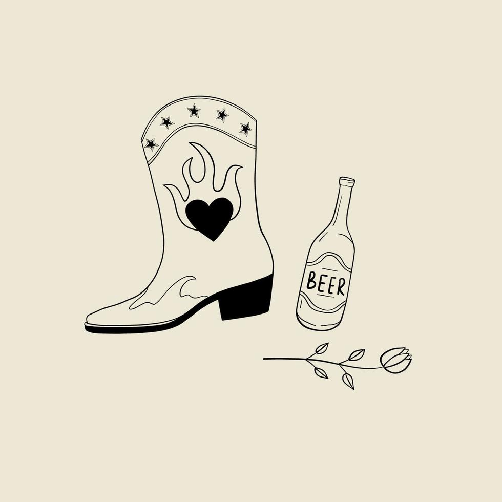 Cowboy boots, beer and rose. Set of wild west elements. Hand drawn colored vector illustration. Elements are insolated