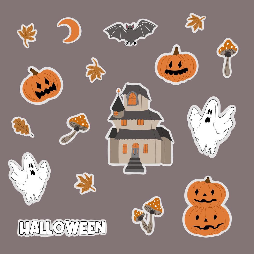 conjunto de pegatinas de halloween. el símbolo principal de la feliz fiesta de halloween. casa, calabaza, fantasma, champiñones, murciélago, hojas de otoño. ilustración vectorial dibujada a mano. perfecto para invitación de fiesta, tarjeta de felicitación vector