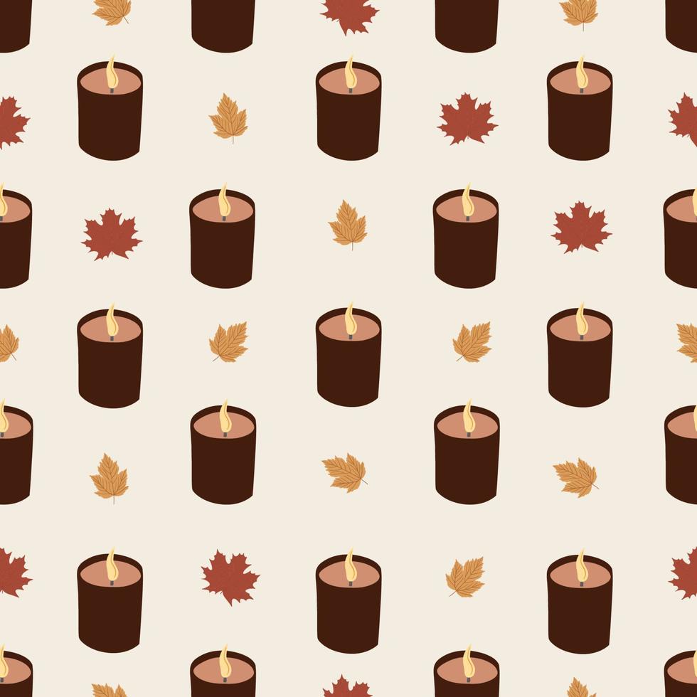 Seamless pattern with candles and autumn leaves. Autumn, harvest, thanksgiving day, fall concept. Hand drawn natural illustration, design invitati vector