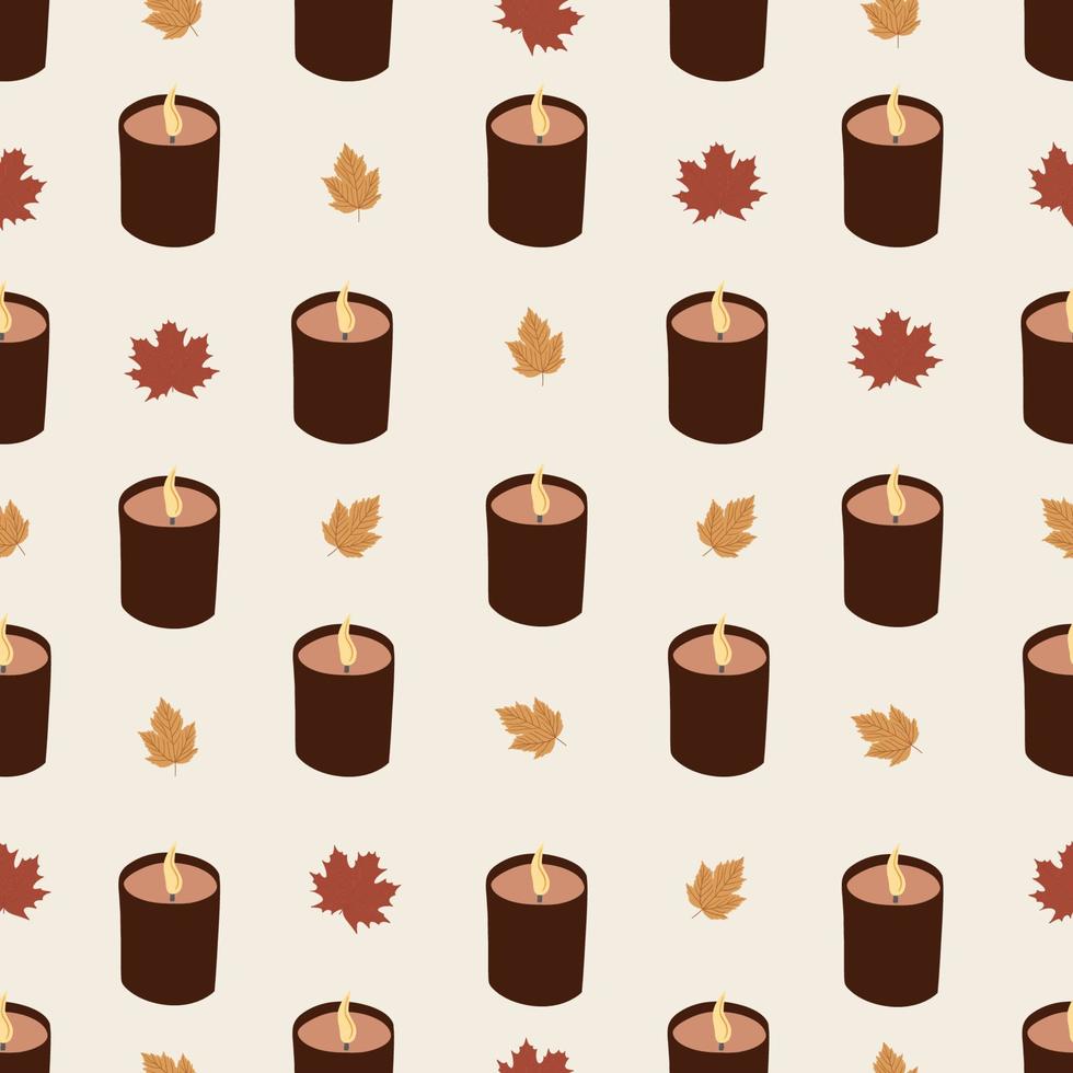 patrón sin costuras con velas y hojas de otoño. otoño, cosecha, día de acción de gracias, concepto de otoño. ilustración natural dibujada a mano, invitación de diseño vector