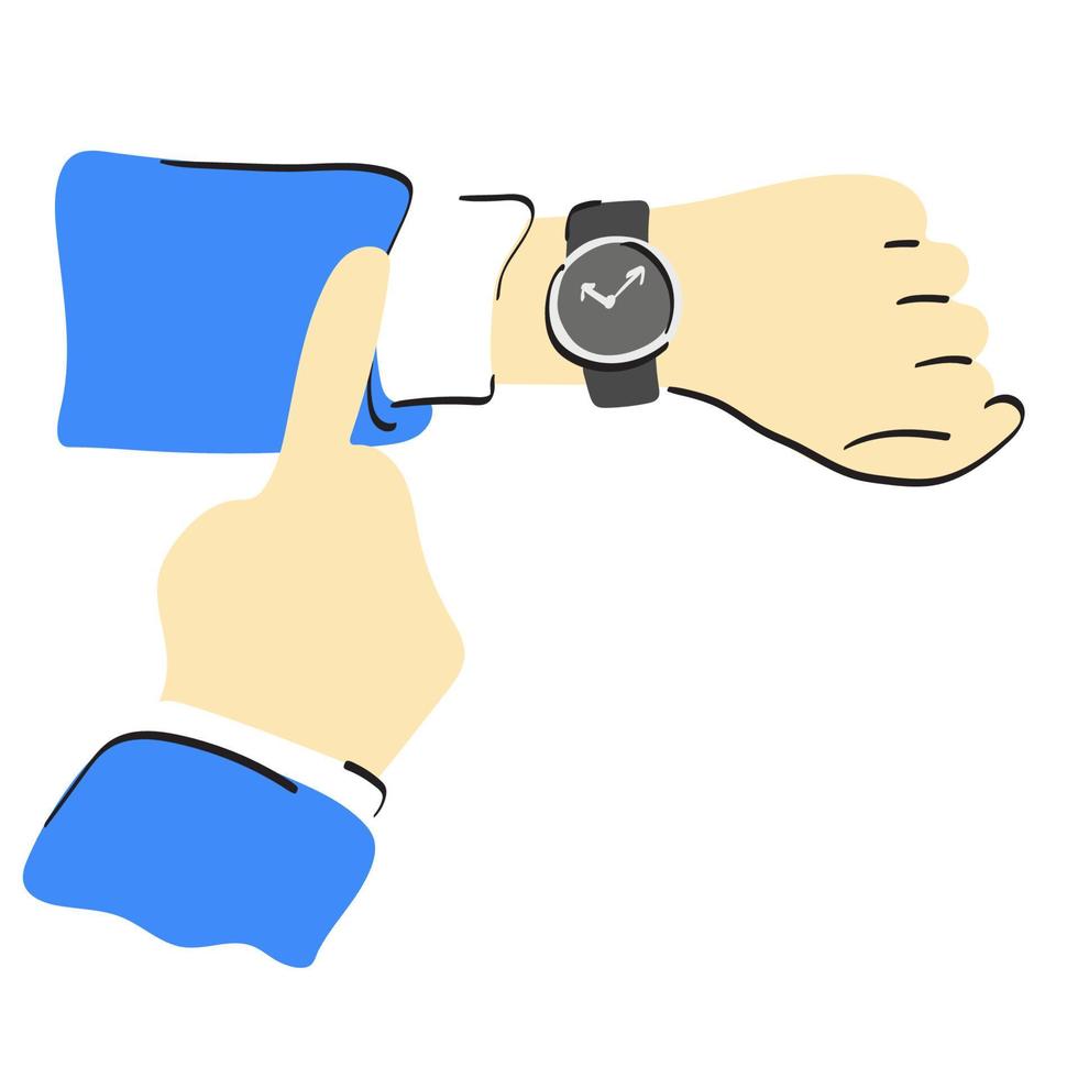Businessman pointing at hand watch om his wrist illustration vector hand drawn isolated on white background