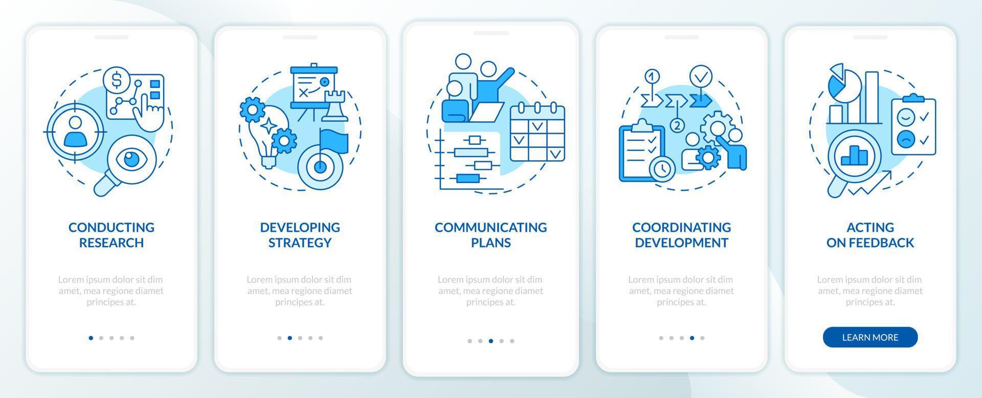 Product management blue onboarding mobile app screen. Business walkthrough 5 steps editable graphic instructions with linear concepts. UI, UX, GUI template. vector