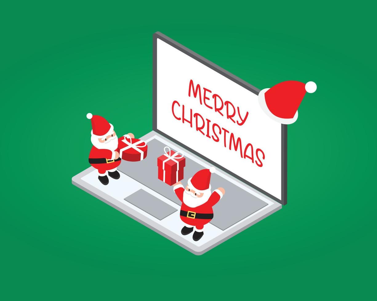 isometric Christmas banner template with Santa with laptop vector