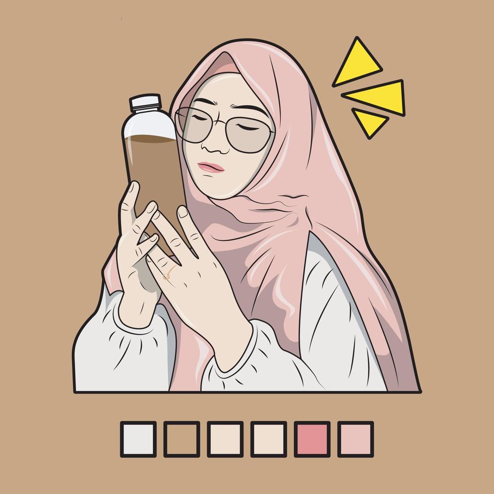 ilustración vectorial de una mujer musulmana sosteniendo una botella de bebida de chocolate, completa con una paleta de colores. vector