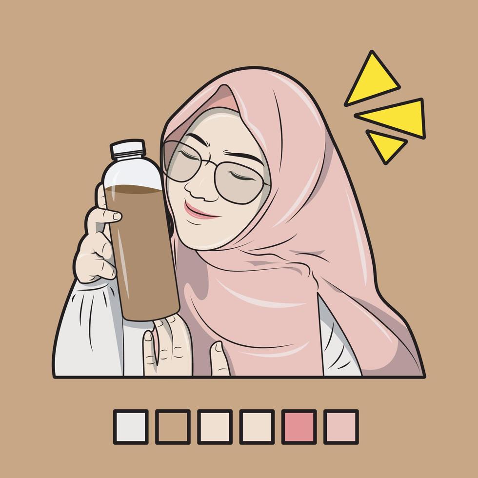 ilustración vectorial de una mujer musulmana sosteniendo una botella de bebida de chocolate, completa con una paleta de colores. vector