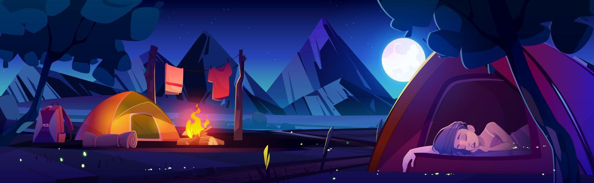 Summer camp with tent with sleeping woman vector