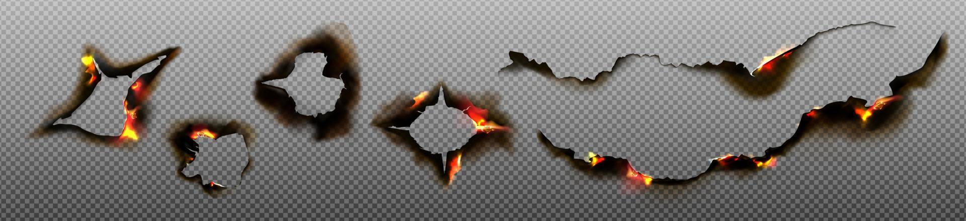 Burn paper holes and borders, burnt pages set vector