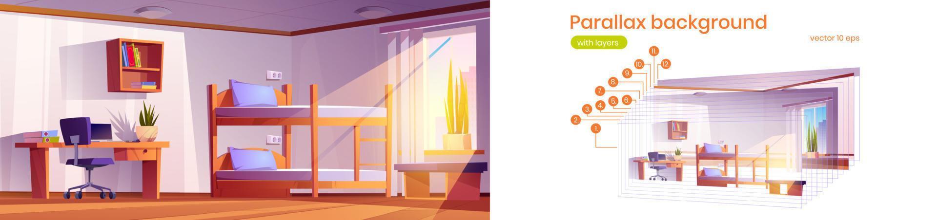 Parallax background student dormitory with bunkbed vector