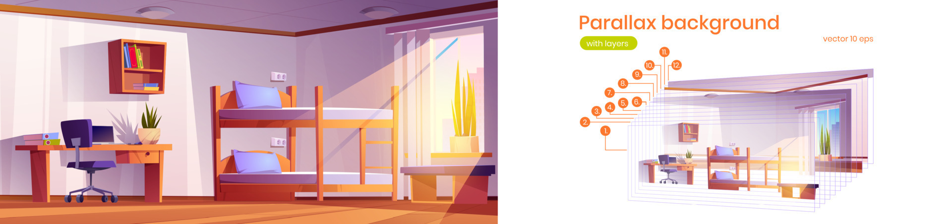 Parallax background student dormitory with bunkbed 13132896 Vector Art