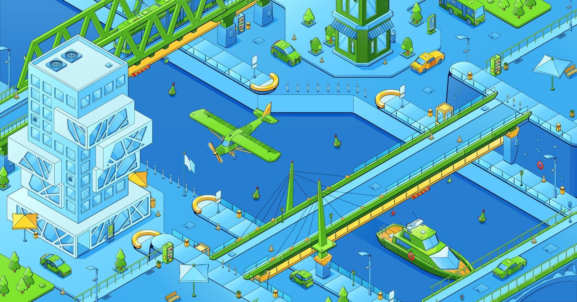 Isometric city infrastructure, transport, bridges vector