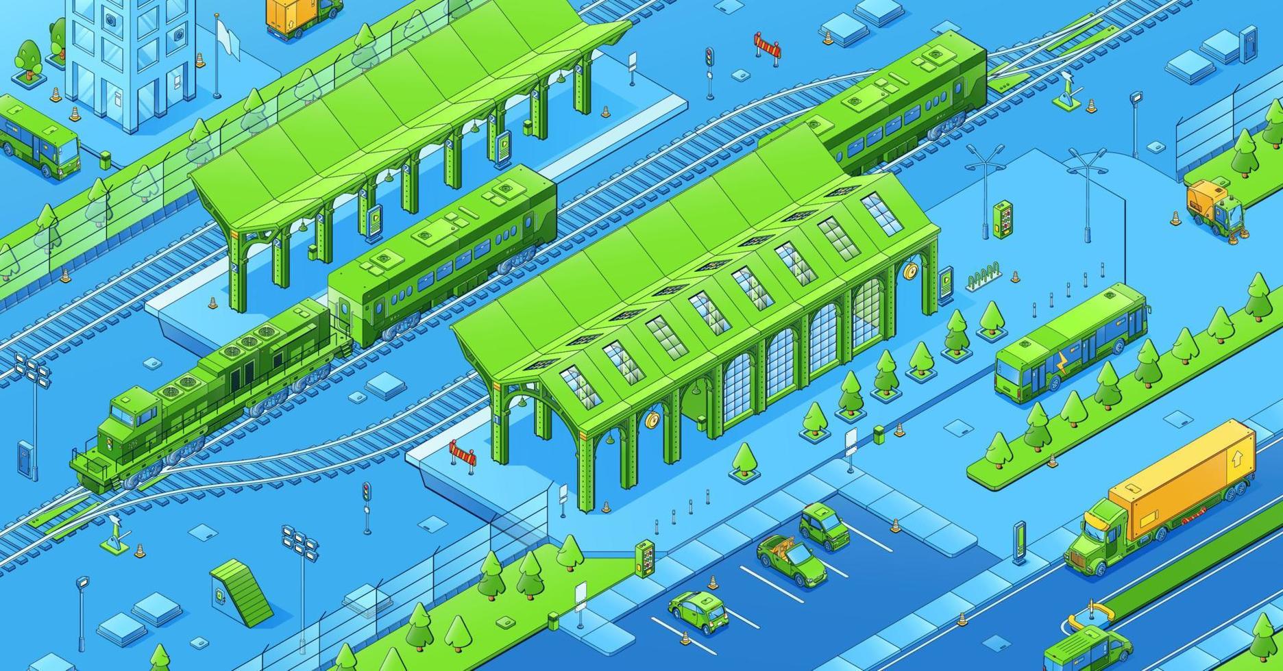 infraestructura isométrica de la ciudad, ferrocarril con trenes vector