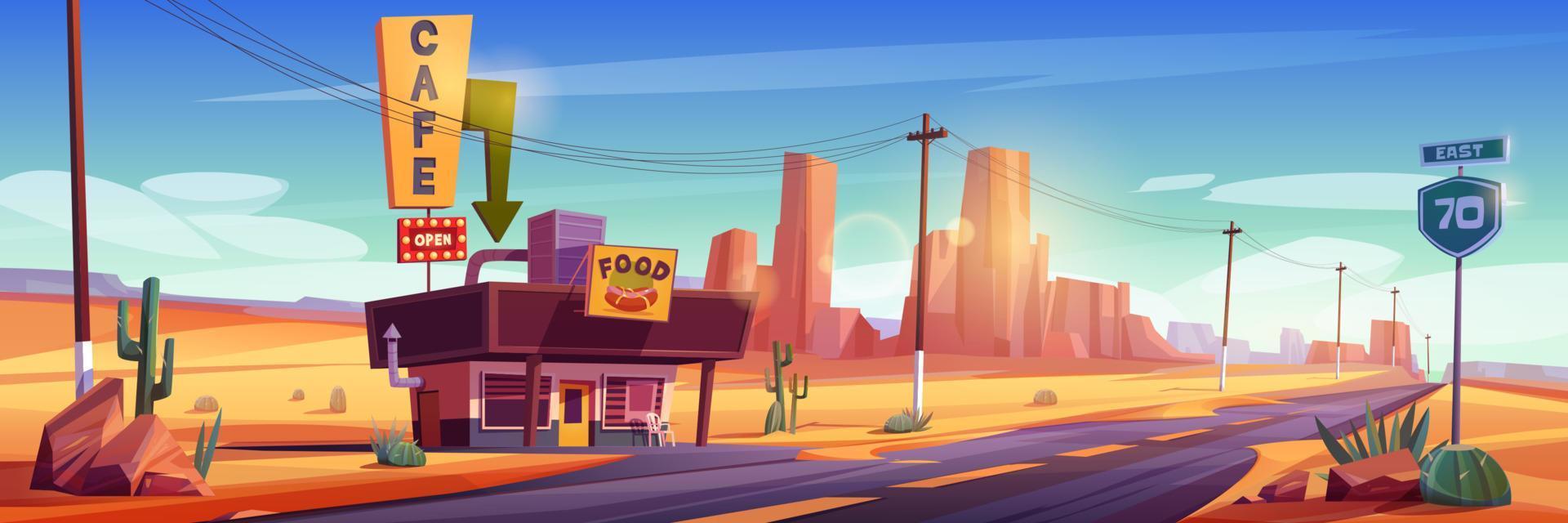 Cafe building on road in desert vector
