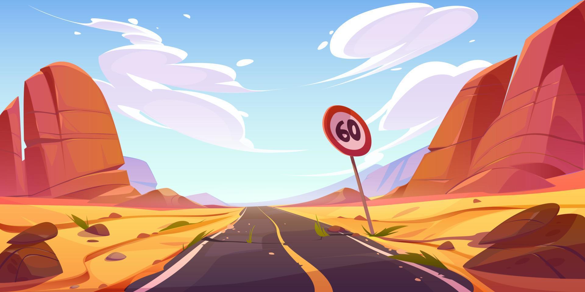 Broken road in desert landscape, straight highway vector