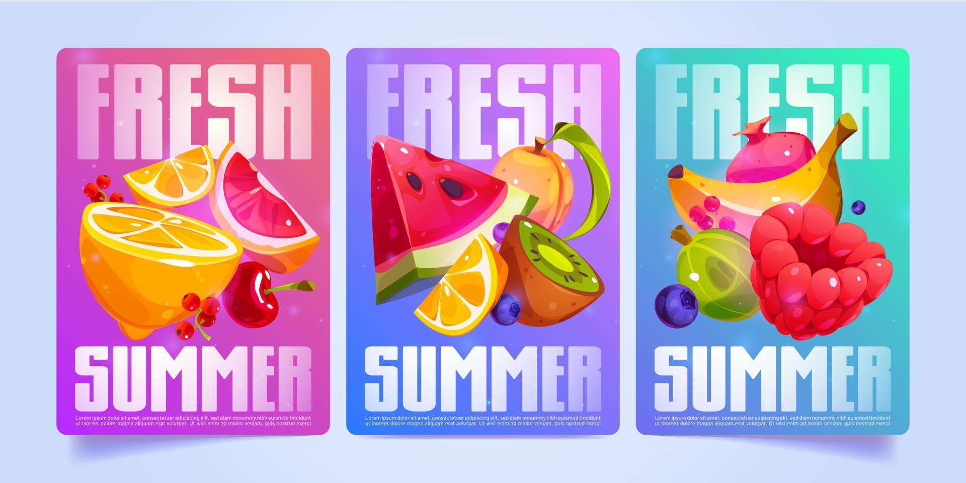 carteles frescos de verano con rodajas de fruta y bayas vector