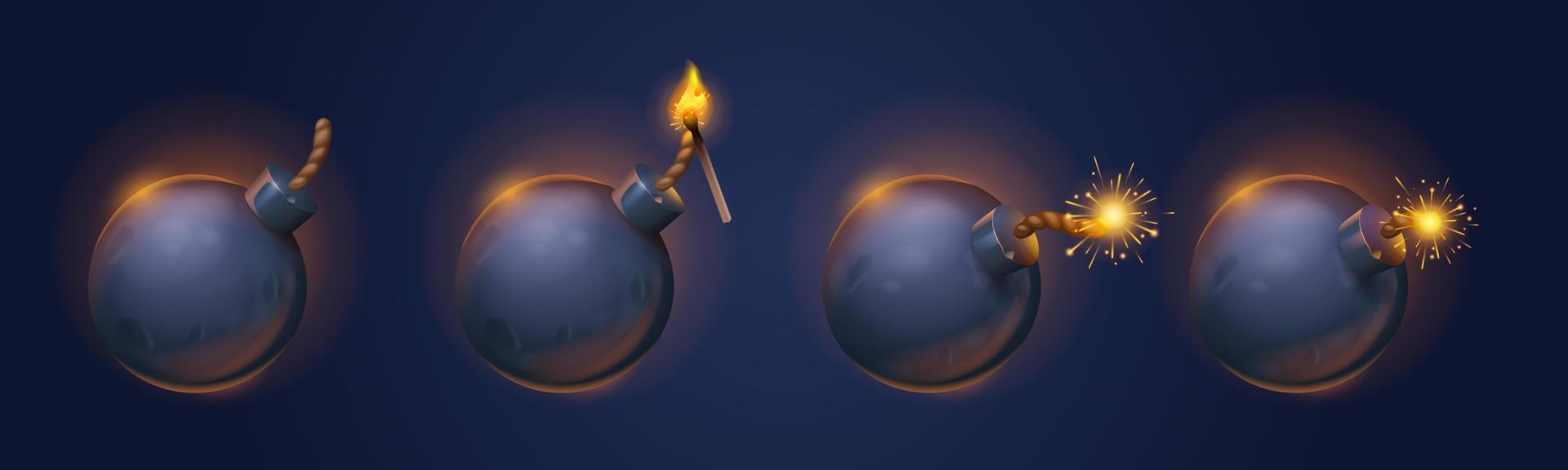 Black bomb balls with burning fuse and match set vector