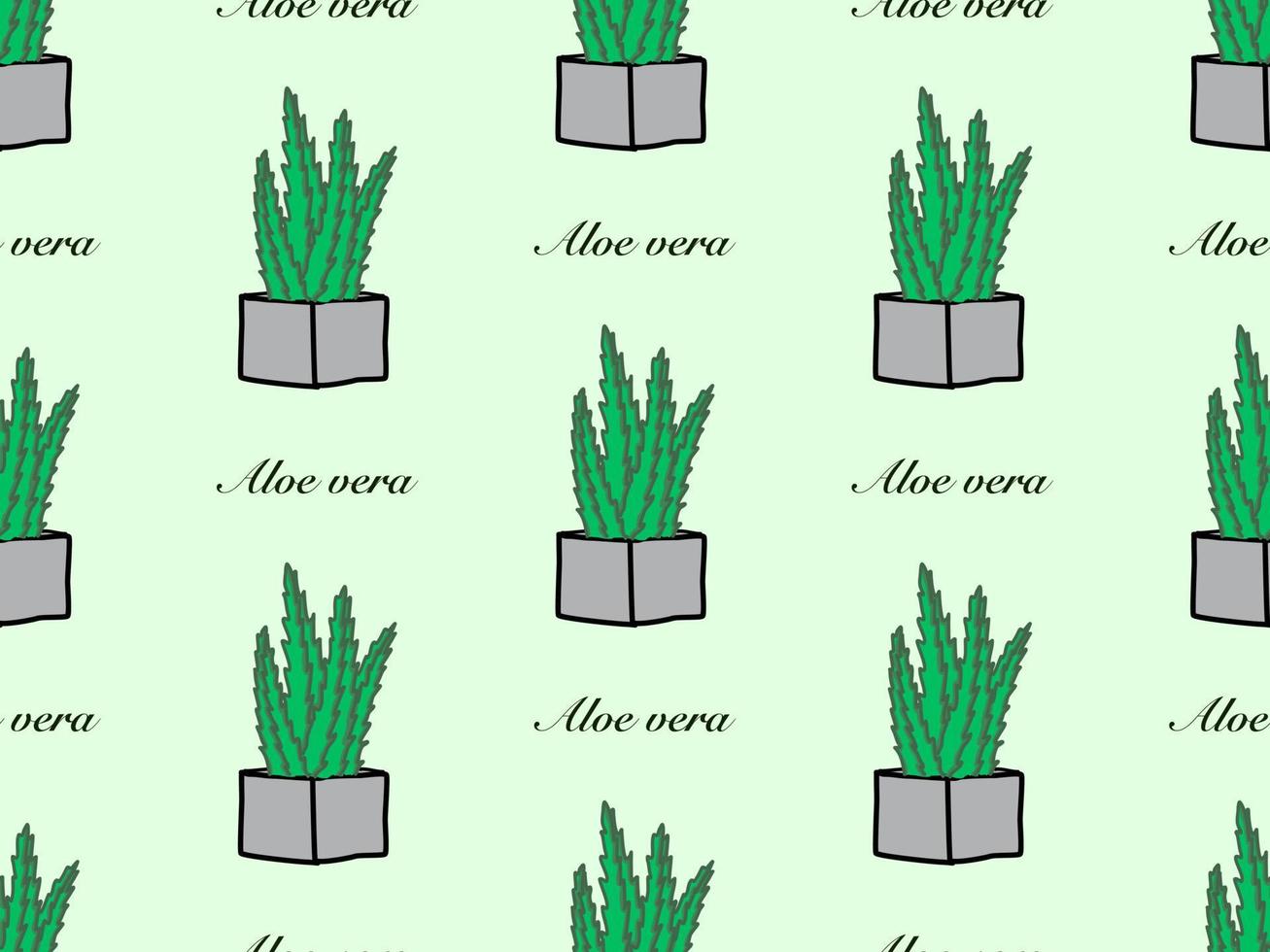 Aloe vera cartoon character seamless pattern on green background vector