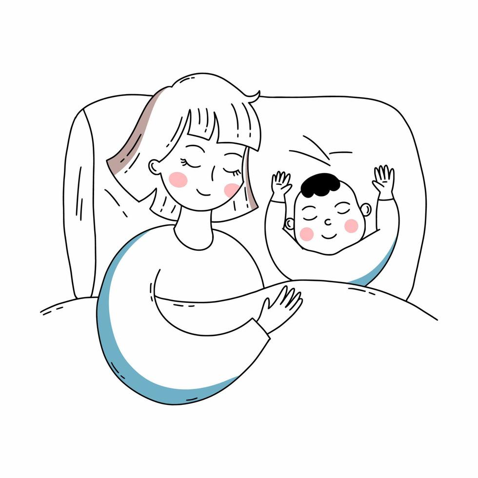 Mom and baby are sleeping in bed. Healthy baby sleep. Vector doodle illustration.
