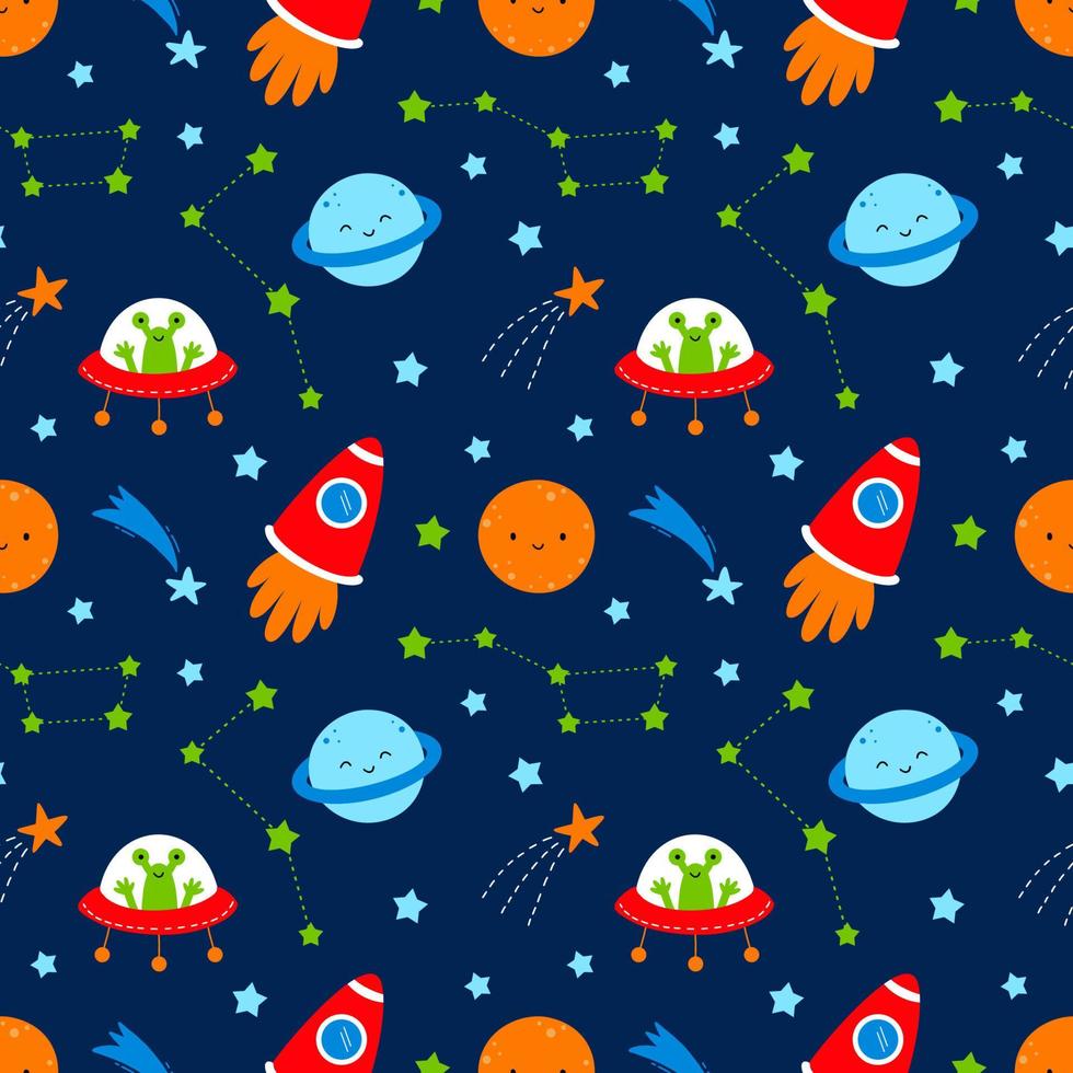 Seamless pattern for sewing baby clothing and printing on fabric. Space adventure. Rocket, planet and ufo. Printing on fabric and wrapping paper Wallpaper in nursery. vector