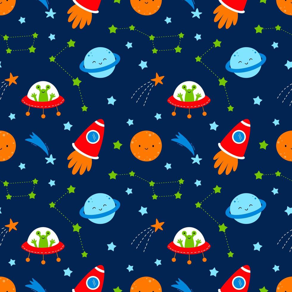 Seamless pattern for sewing baby clothing and printing on fabric. Space adventure. Rocket, planet and ufo. Printing on fabric and wrapping paper Wallpaper in nursery. vector