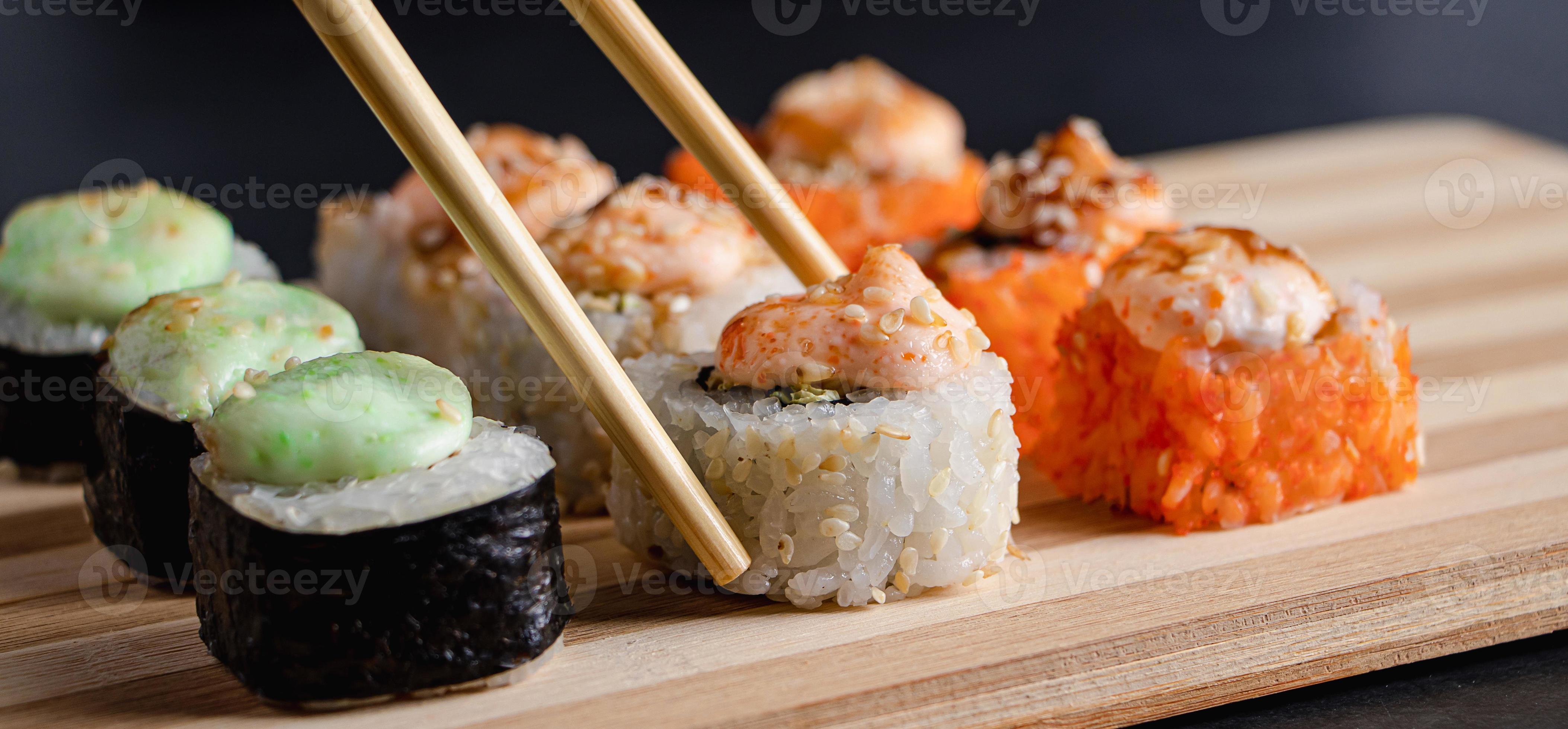 Sushi Roll Set Plate Soy Sauce Dark Wooden Background Stock Photo