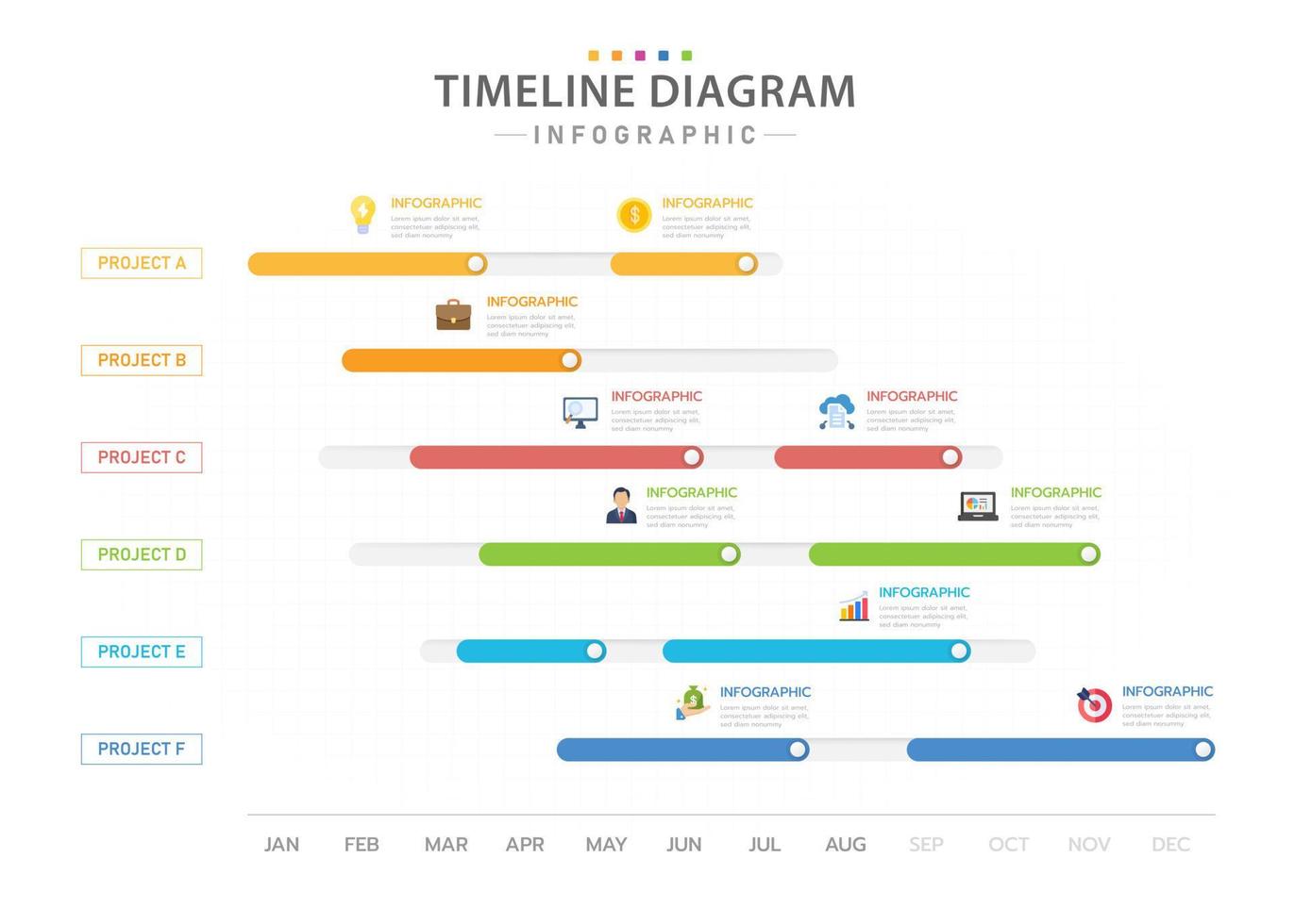 plantilla infográfica para negocios. Calendario de diagrama de línea de tiempo moderno de 12 meses con título de proyecto y barra de progreso, infografía vectorial de presentación. vector