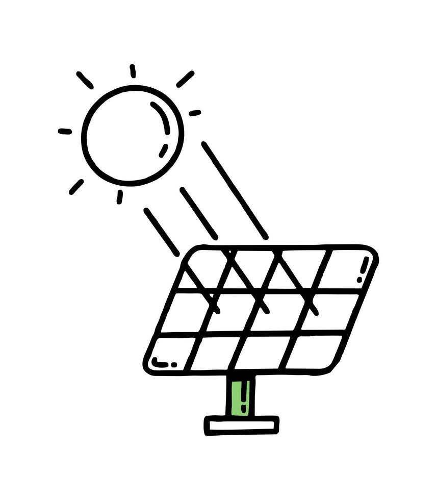 Solar panels with sun rays.  Green energy. Co2 concept of climate change .  Vector isolated doodle