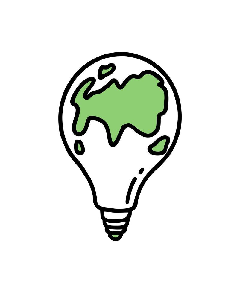 A light bulb with a planet inside. Co2 concept of climate change. Recycling. Vector isolated doodle