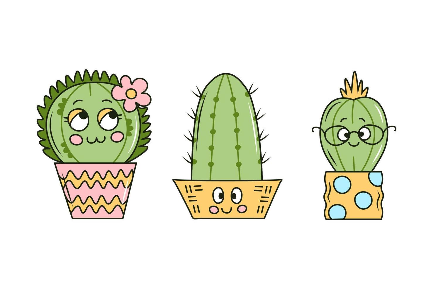 lindo cactus de dibujos animados con conjunto de ojos vector