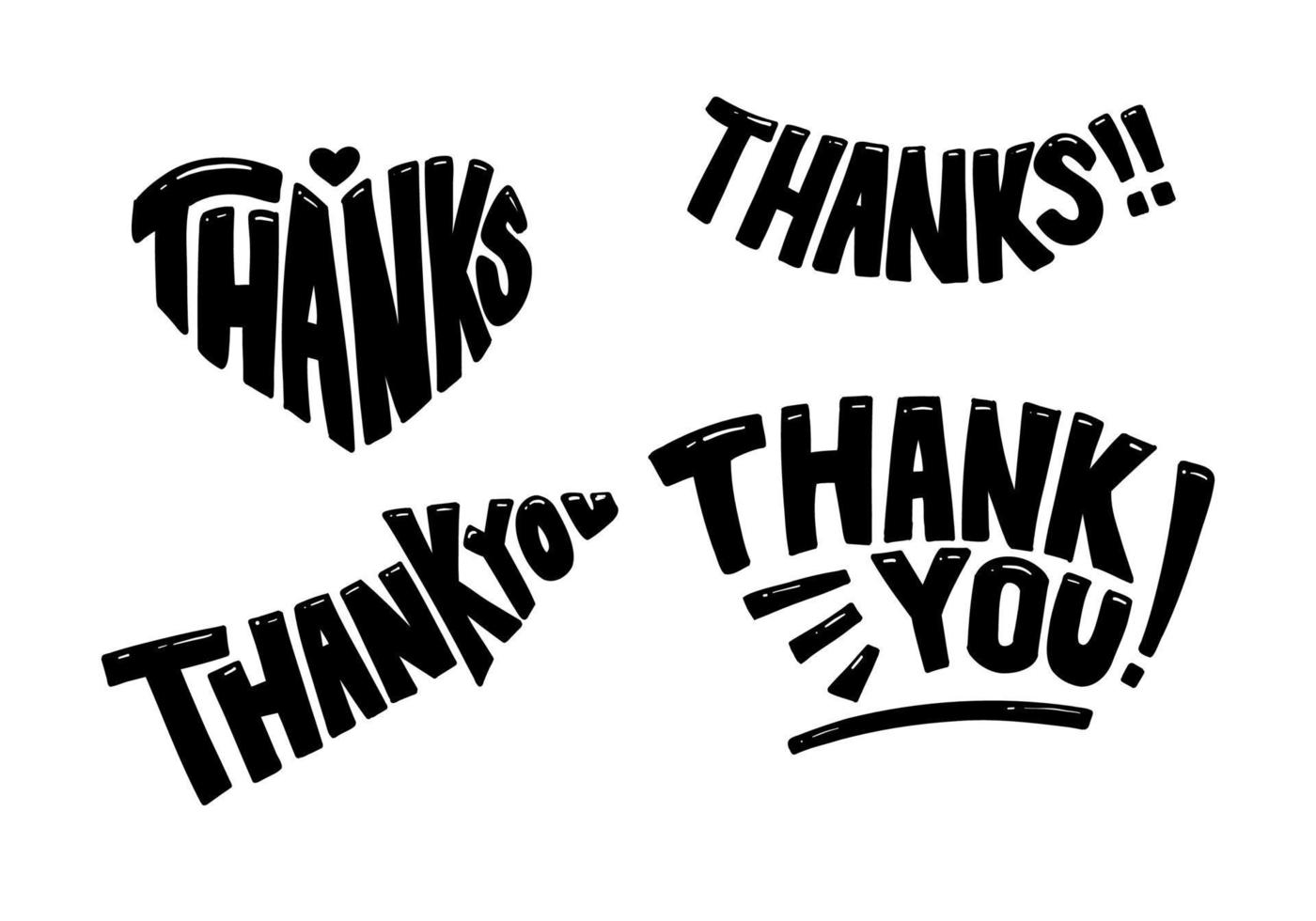 thanks and thank you text typography hand drawing doodle illustration style vector collection set