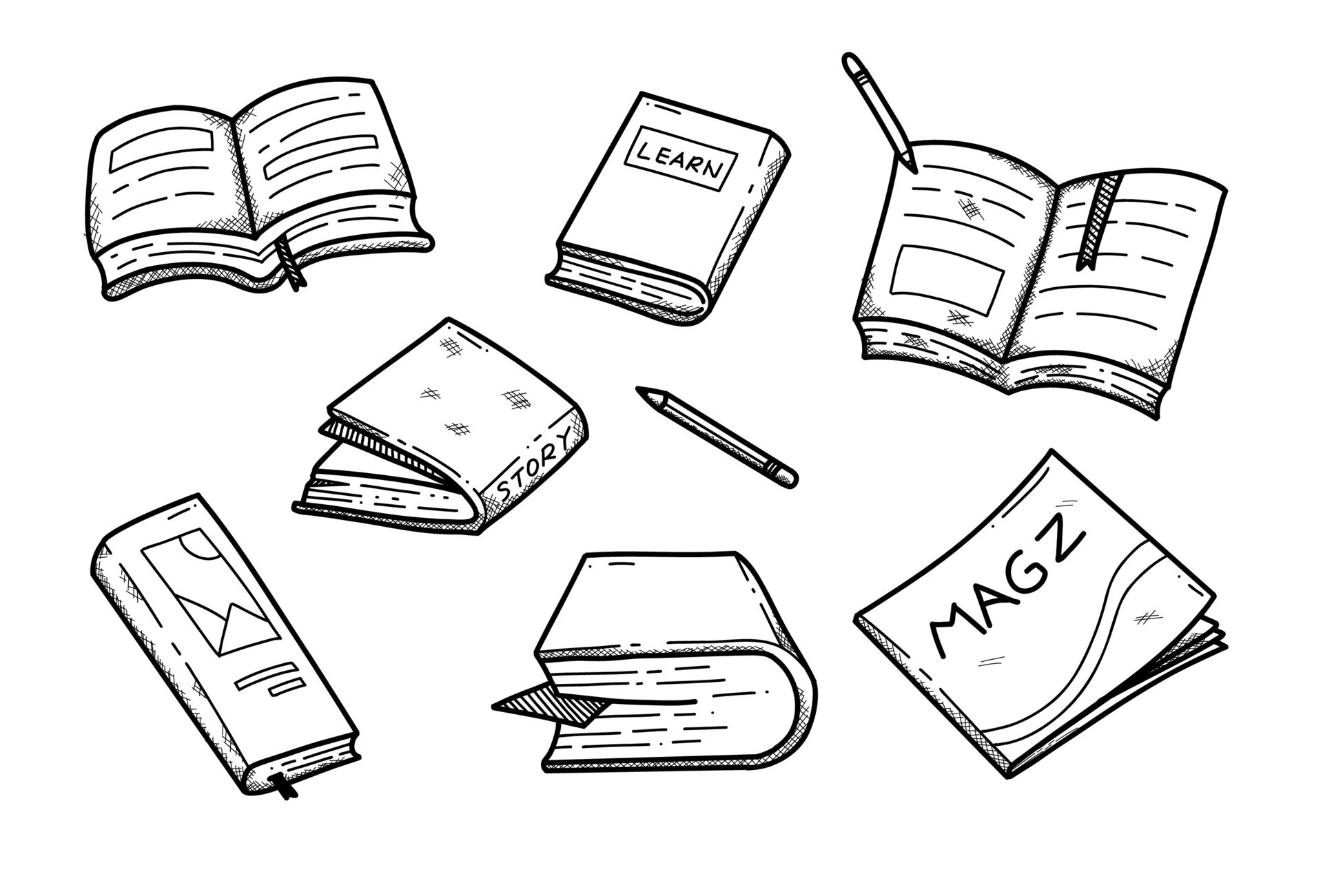 hand drawing book and magazine doodle illustration vector set