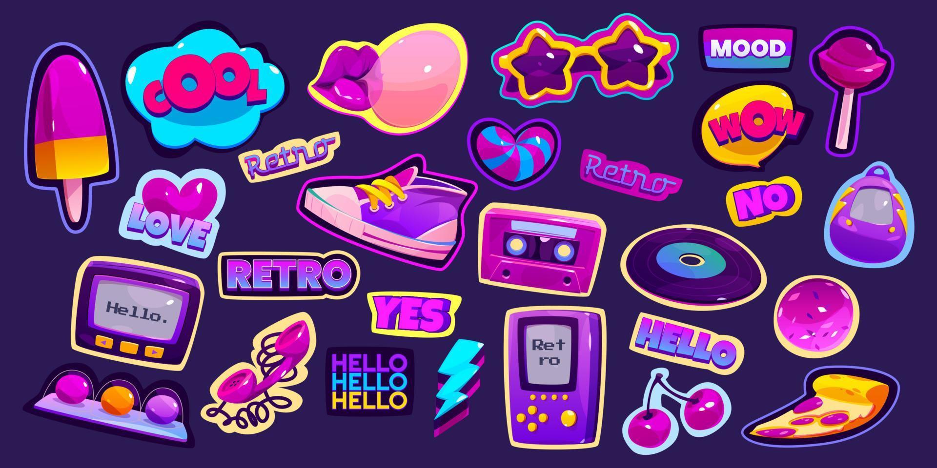 Cartoon retro stickers in 90s style vector