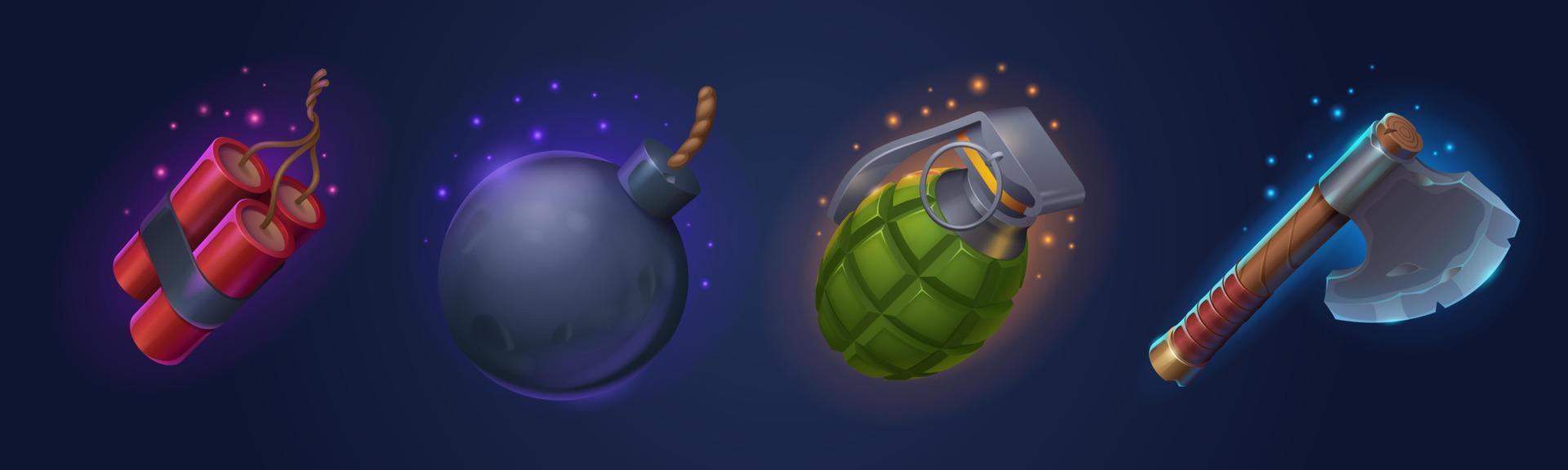 Game icons of bomb, dynamite, grenade and old axe vector