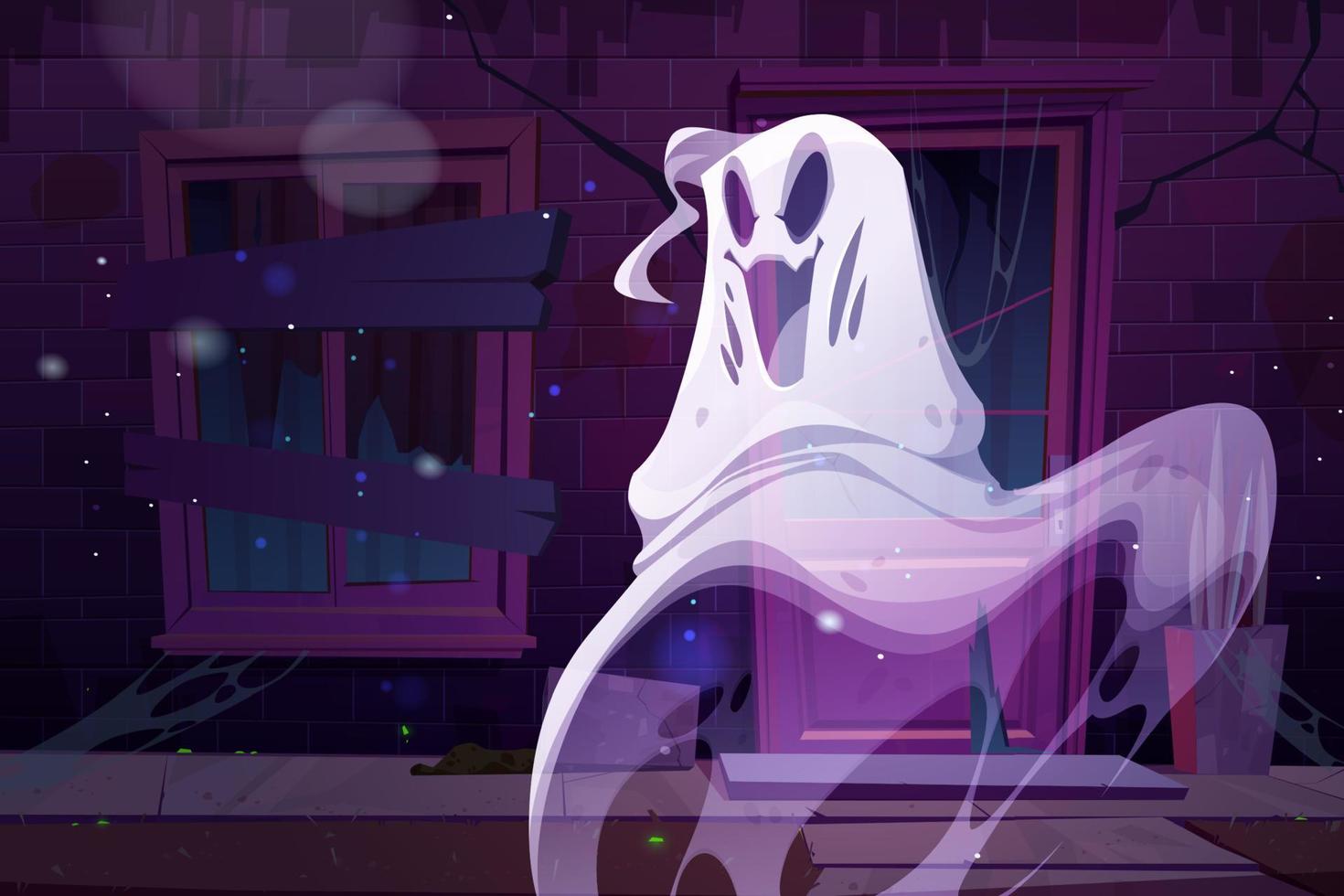 Spooky ghost at haunted house facade, funny spook vector