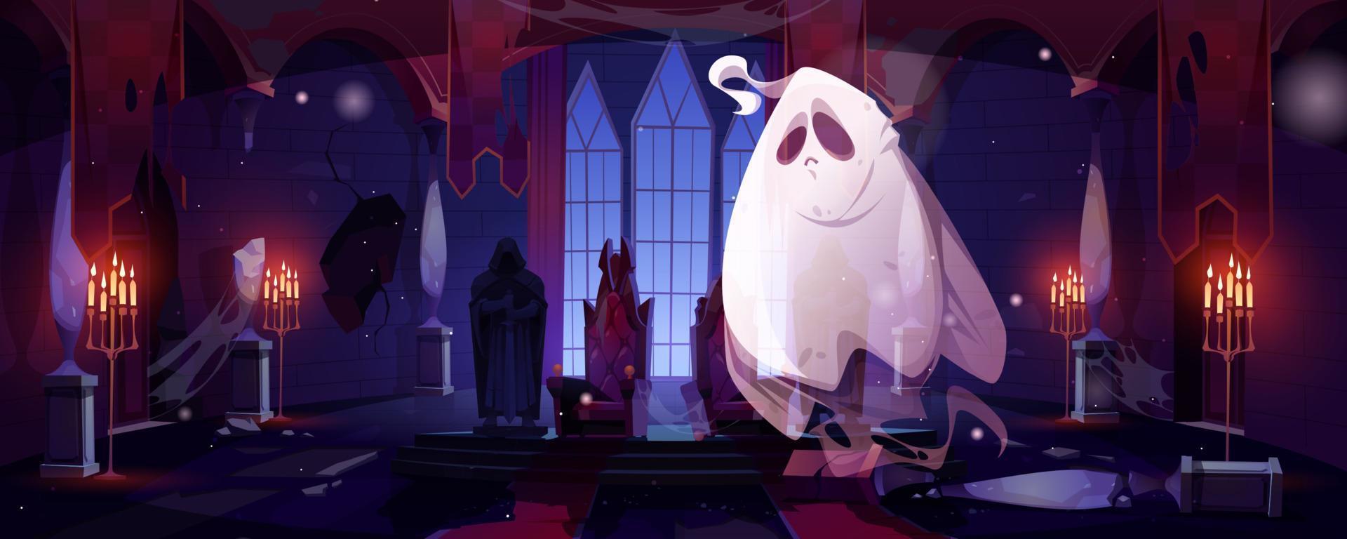 Ghost in night abandoned castle hall with thrones vector