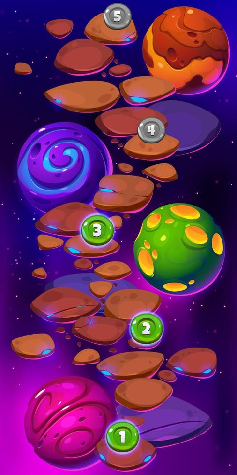 Game ui level map with space planets, rocks, path vector