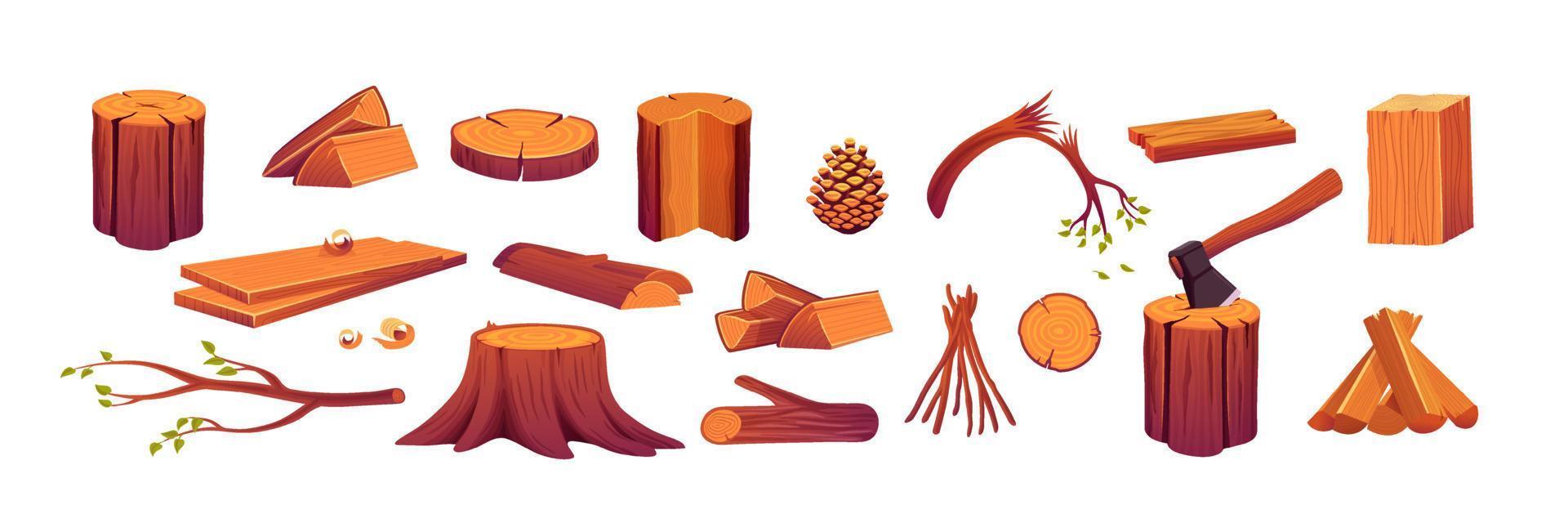 Set firewood, wooden logs, slices, axe in stump vector