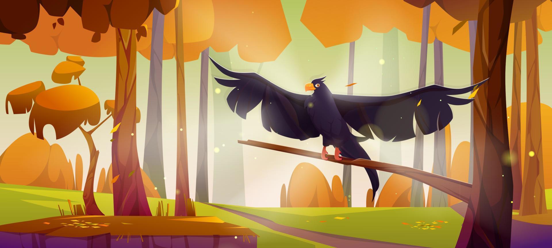 águila negra, halcón o halcón sentados en un árbol en el bosque vector