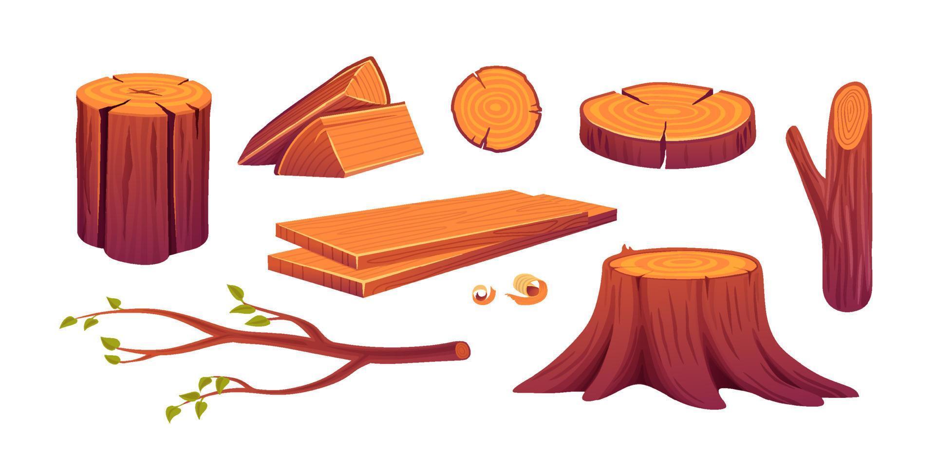 Set firewood, wooden logs, slices, axe in stump vector