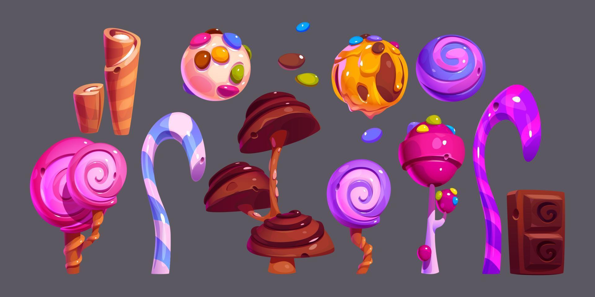 Fantasy sweets, candies, chocolate and waffle tube vector