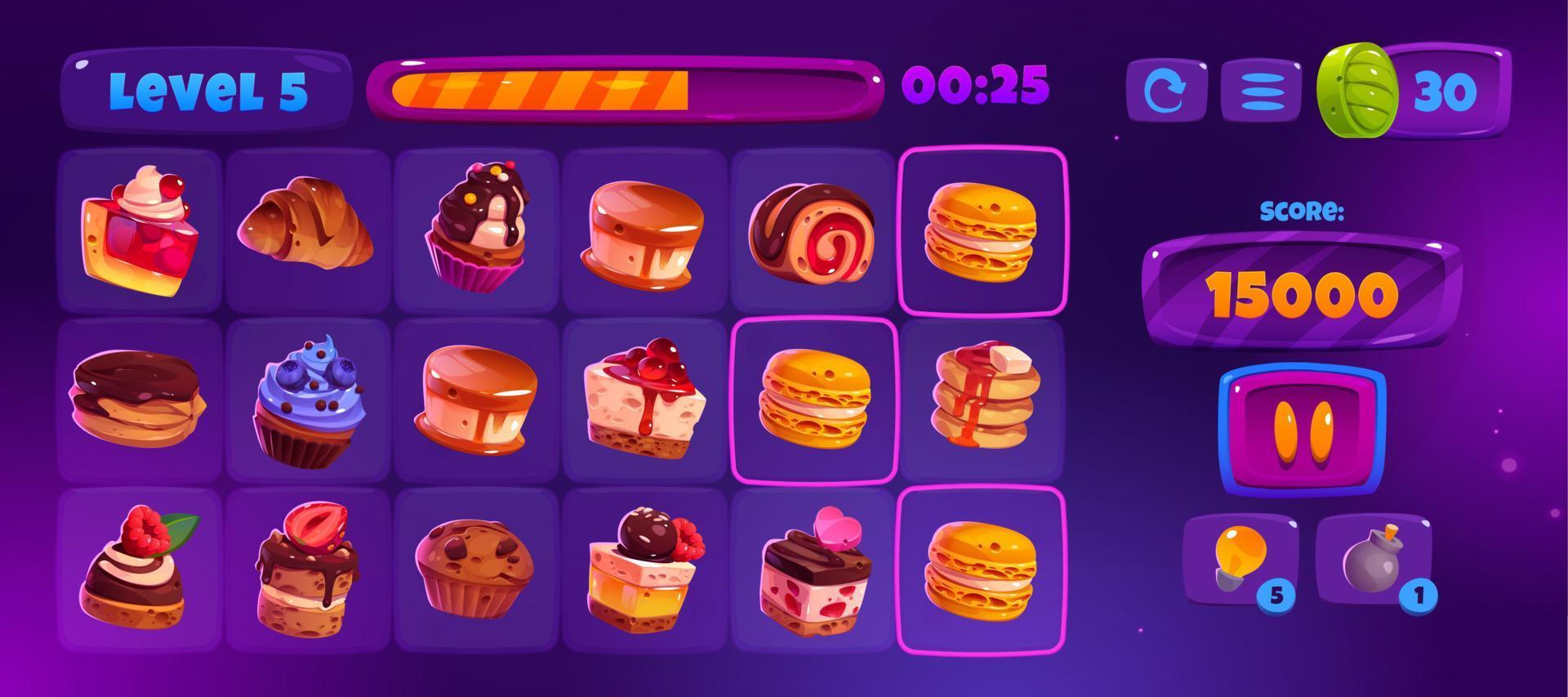 Match 3 game interface with cute cakes icons vector